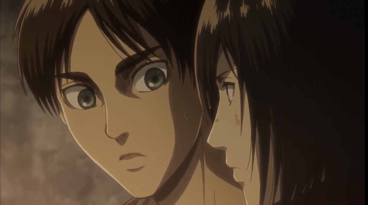 20. As soon as they get in the basement, they find the book, which withheld secrets about the titans. Eren is hesitant on opening the book, but Mikasa puts her hand on Eren’s, to comfort him, in which Eren has a surprised look at Mikasa.