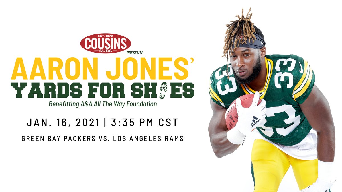 Aaron Jones' Yards for Shoes, presented by @cousinssubs will begin this Saturday! For every rushing yard @Showtyme_33 has during the game, a pair of shoes will be donated to a middle/elementary student in Green Bay. aaalltheway.org 
#Yards4Shoes #AAAllTheWay #AaronJones