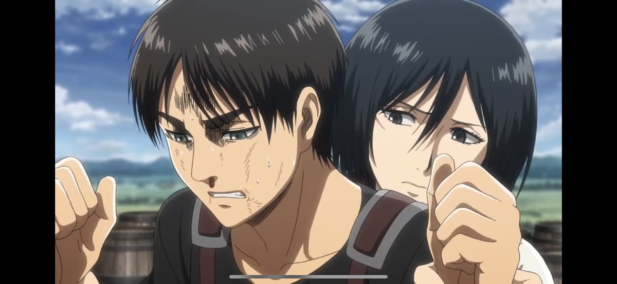 8. Eventually, Eren punches himself to pull himself out of his doubts as he says “Beating the shit out of a useless brat”. But Mikasa quickly calmed him down. Mikasa grabbed his hands as he was unable to hit himself.