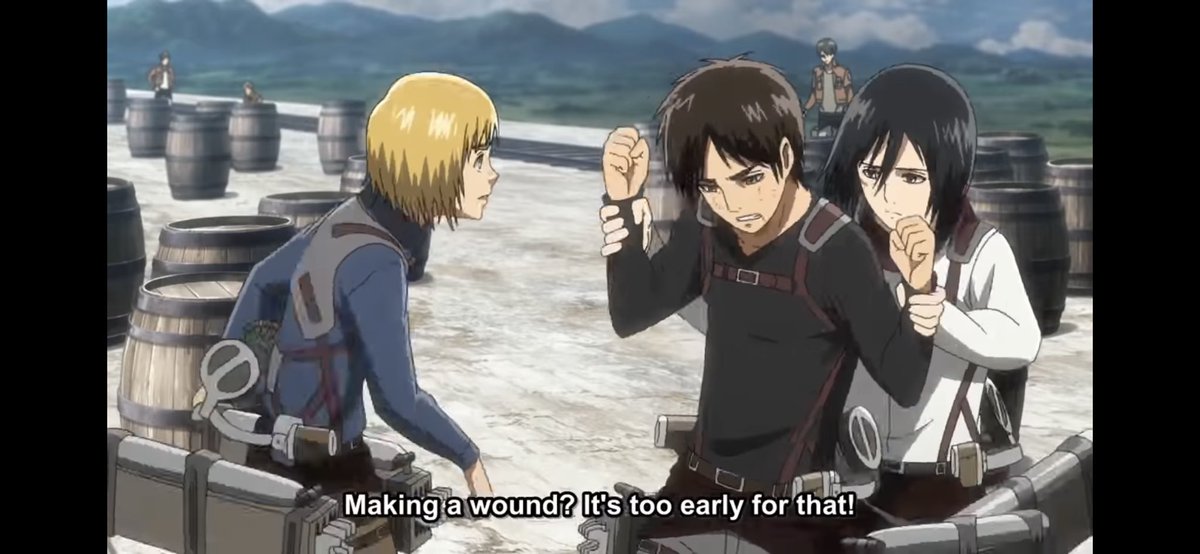 8. Eventually, Eren punches himself to pull himself out of his doubts as he says “Beating the shit out of a useless brat”. But Mikasa quickly calmed him down. Mikasa grabbed his hands as he was unable to hit himself.