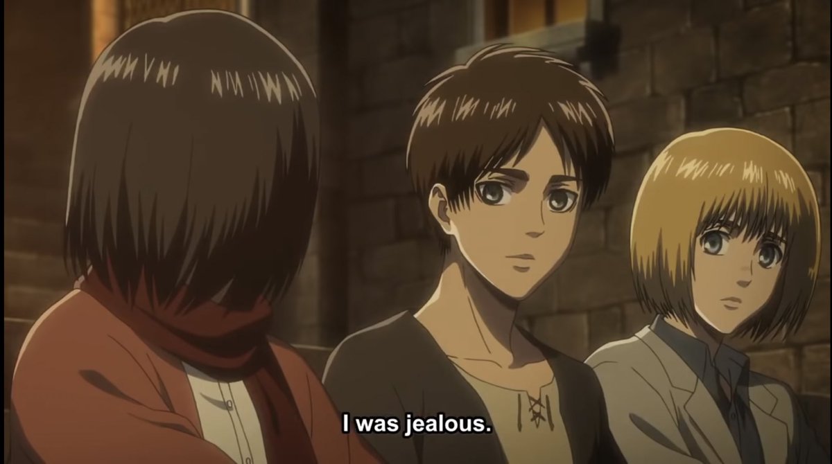 11. Eventually, Eren admits his jealousy, as he couldn’t be as strong as Mikasa or Captain Levi, but in this moment Eren realises everyone has flaws, not everything can be done by yourself. We can infer that Mikasa just wants everything to go back to normal, from their childhood.
