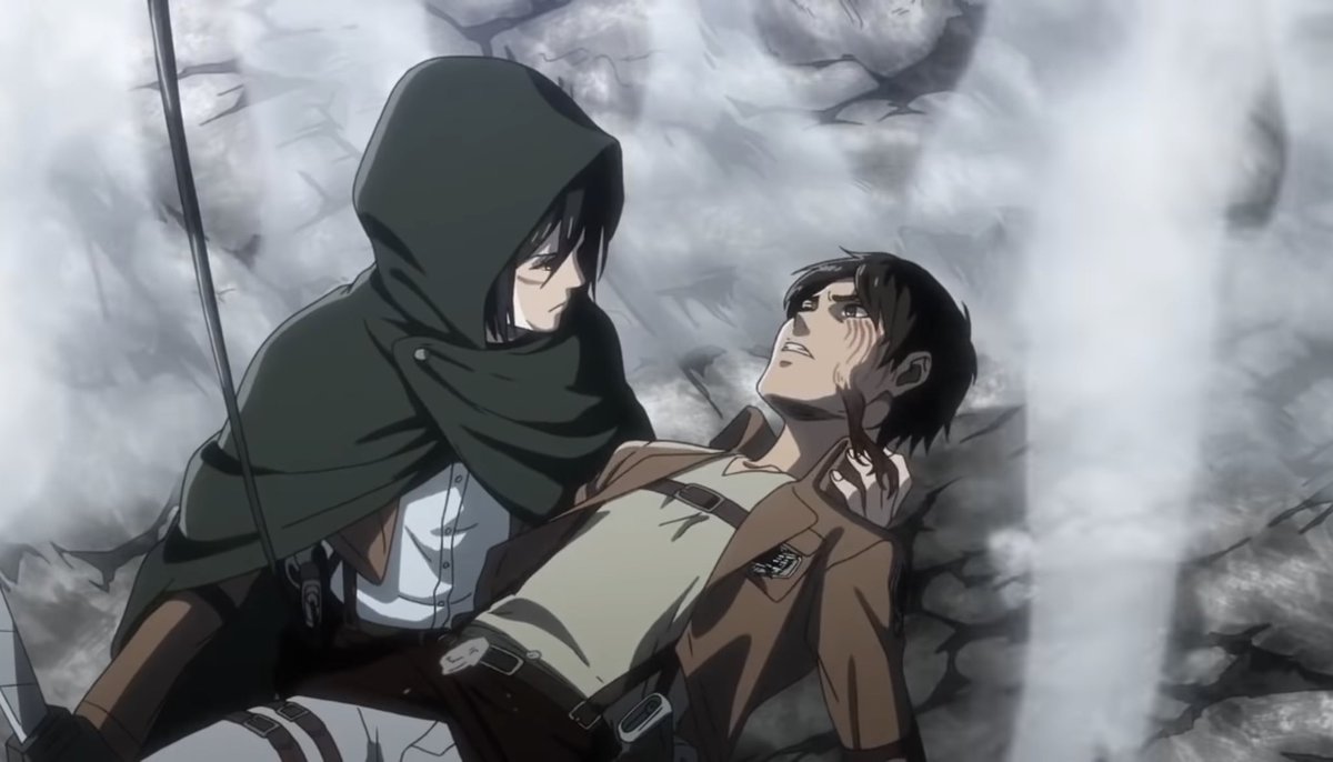 16. Even after Eren’s transformation to seal the breach , Mikasa would help Eren and would even offer him the cloak, in order to stay hidden. Then, Eren accepts her cloak and shows appreciation towards Mikasa. It portrays the change in Eren’s attitude , towards Mikasa.