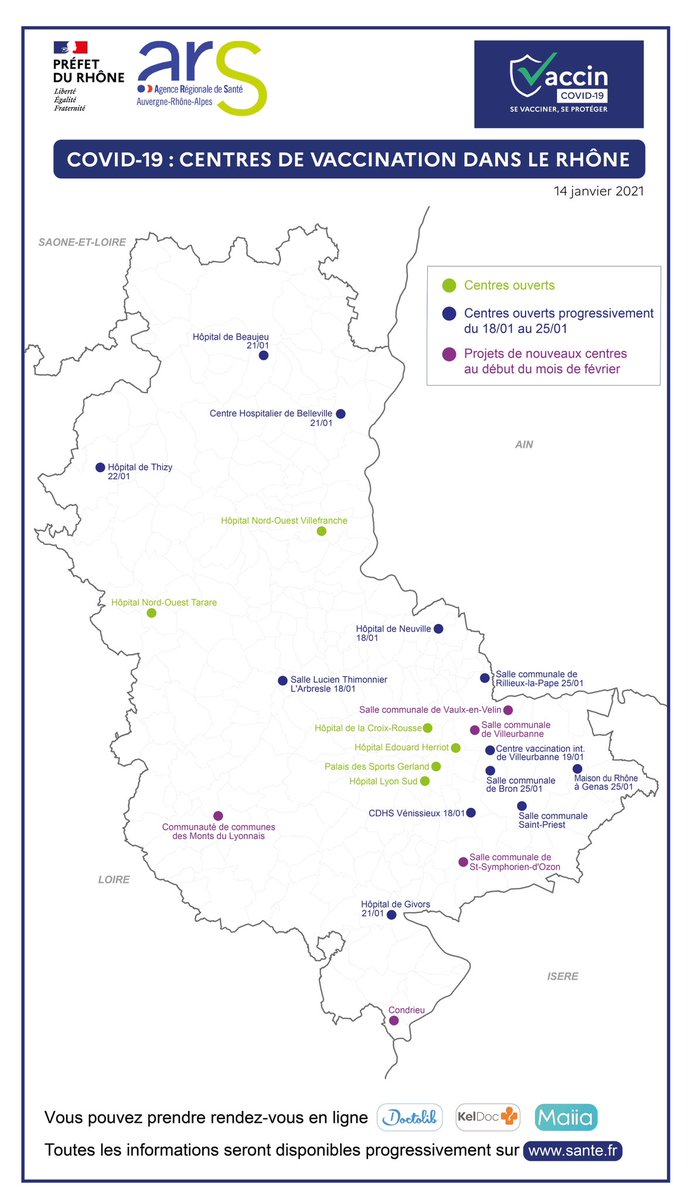 prefetrhone's tweet photo. La #vaccinationCovid ouvre dans le #Rhône et la métropole de #Lyon pour les personnes de ➕ de 75 ans). Les prises de RDV se font en ligne sur :
➡️ @doctolib
➡️ @maiia
➡️ #keldoc
➕ d’infos ➡️ https://t.co/mDFAANJCdE
Retrouvez la carte de l’ouverture des centres ⬇️ https://t.co/kOHjnjgMPq