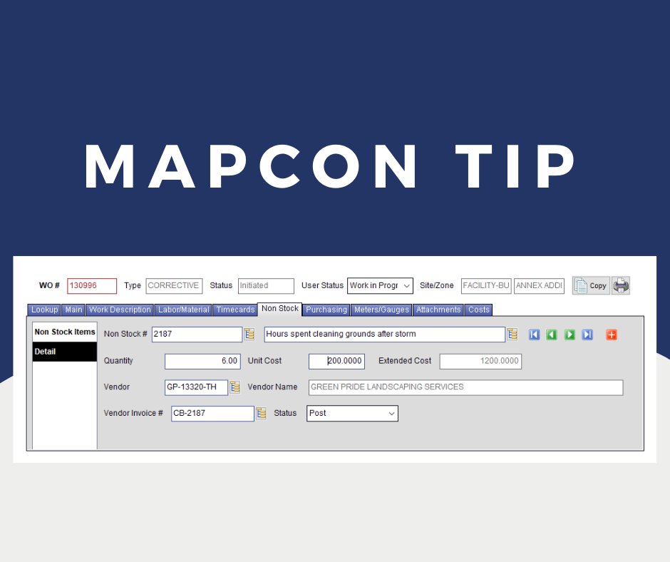 MAPCONtech's tweet photo. #MAPCONTip
When closing a #WorkOrder, you can select the Non Stock tab to add contractor costs.
Add the contractor as a vendor and add the charges!
This makes it easier to compare and track contractor costs.
#CMMS #MaintenanceManagementSoftware
https://t.co/wzI2hnbc0h https://t.co/VuxZgor2mJ