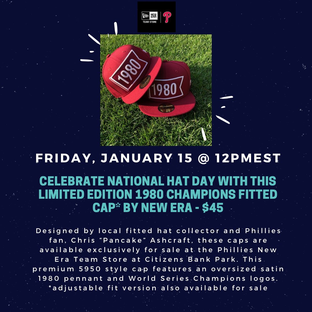 We’re excited about the @neweracap Limited Edition 1980 Champions Fitted Cap designed by <a href="/i_am_pancake/">パンケーキ</a> and available at the @philliesnestore tomorrow, 1/15. Limit 2 per guest. ALSO, all headwear in store is buy one get one 50% off tomorrow (does not include new release).