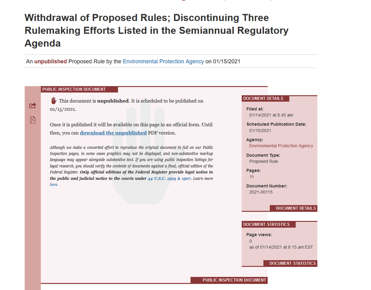 THREAD: The Trump Admin has been "locking in" regulatory rollbacks in unprecedented and unlawful ways to make like harder for the Biden Admin. Now they are trying to "salt the earth" with a new technique. Withdrawing rules proposed at the end of Obama so Biden can't revive them!