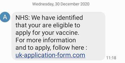 Merton_Council's tweet image. ⚠️We have been made aware that there are COVID-19 vaccination scams like the one below going around

❗PLEASE do not let anyone offering the COVID-19 vaccination into your home unless arranged by your GP

👉Please pass this message on to your vulnerable family members and friends