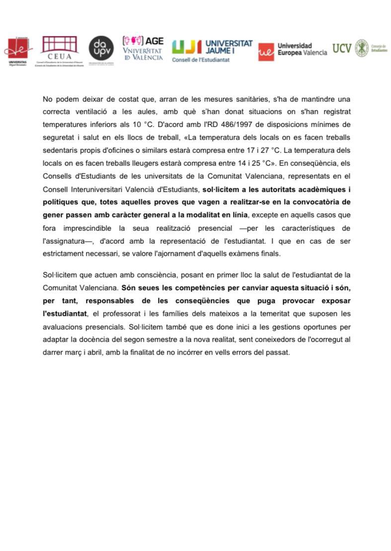 ConsellUJI's tweet photo. 📢Els Consells de l’Estudiantat de les universitats valencianes exigim una adaptació de l’avaluació a la situació que estem vivint. És imperatiu que les proves d’avaluació del primer semestre siguen de forma telemàtica‼️📃 https://t.co/P1z8n4rbXX