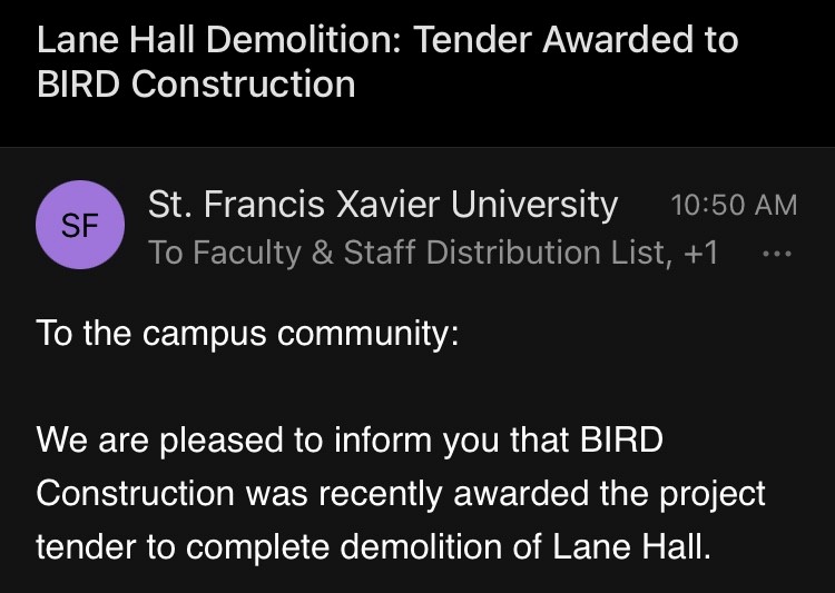 Swathes of Ellis-Don Supporters Vow to Take to the Streets in Response to StFX "Unfairly" Selecting Bird Construction for the Lane Hall Demolition