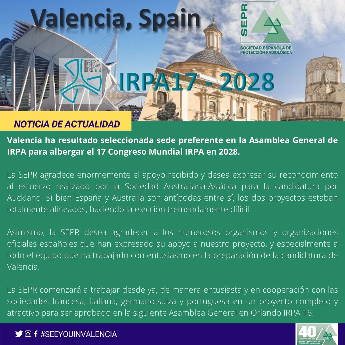 SocEspPR's tweet photo. 📢 ¡¡¡ÚLTIMA HORA!!! 

¡Valencia, sede preferente para albergar el 17º Congreso Mundial @IRPA en 2028!

GRACIAS a todos los que nos habéis apoyado 👏🏽👏🏽👏🏽 https://t.co/mkXIj7dR57