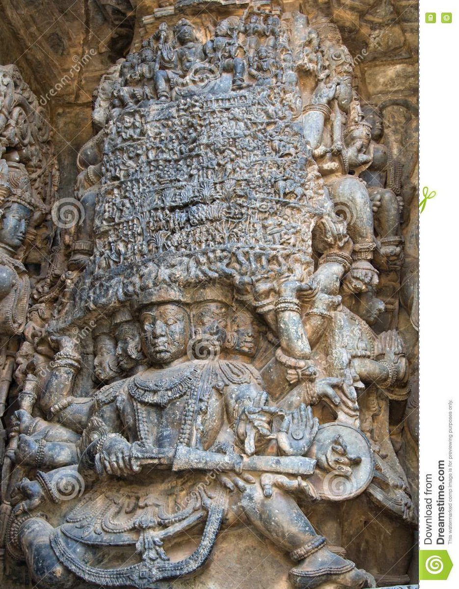 Ravana has come fully equipped, accompanied by his powerful army. The battle has raged on for days together. His generals are defeated, his sons are dead, but the King is unfazed. After all, his are the arms that shook Kailasa. Pic: From Halebidu