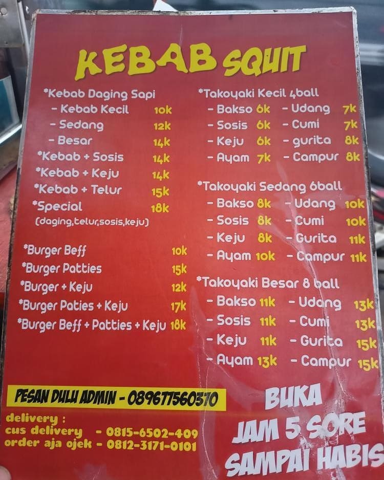 cusss_delivery's tweet photo. KEBAB SQUID
🏠 Alamat: jl.supriyadi (depan kos harmoni) juanalan-pati
Macam Menu 
Kebab
Burger
Takoyaki

@squid_kebab
_________
#makandipati
#patibumiminatani #explorepati #patiituindah #kulinerhitspati #patihitskekinian #dolanpati #cahpati #juwana #margorejo #trangkil #kotapati https://t.co/yYUVkJVb3O
