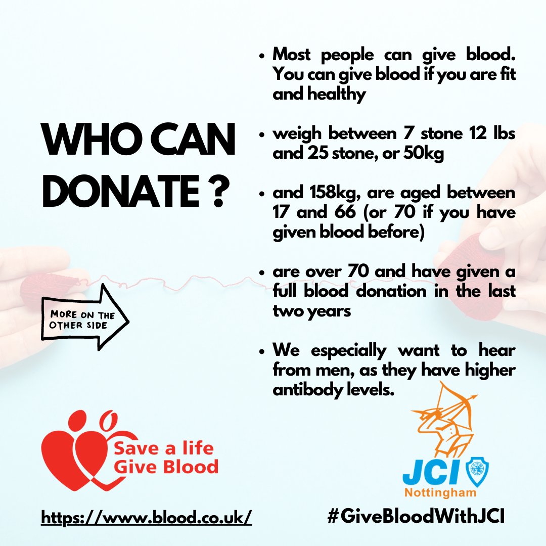 JCINottingham's tweet photo. Why Donate? 
Donations have dropped. Be a Hero #GiveBloodWithJCI

How To Donate?
Step 1: Register at https://t.co/uOw7OBpCNa. 
Step 2: Answer questions to see if you are able to donate 
Step3: NHS will contact you to let you know when there are appointments available https://t.co/qeLQdFsl8F