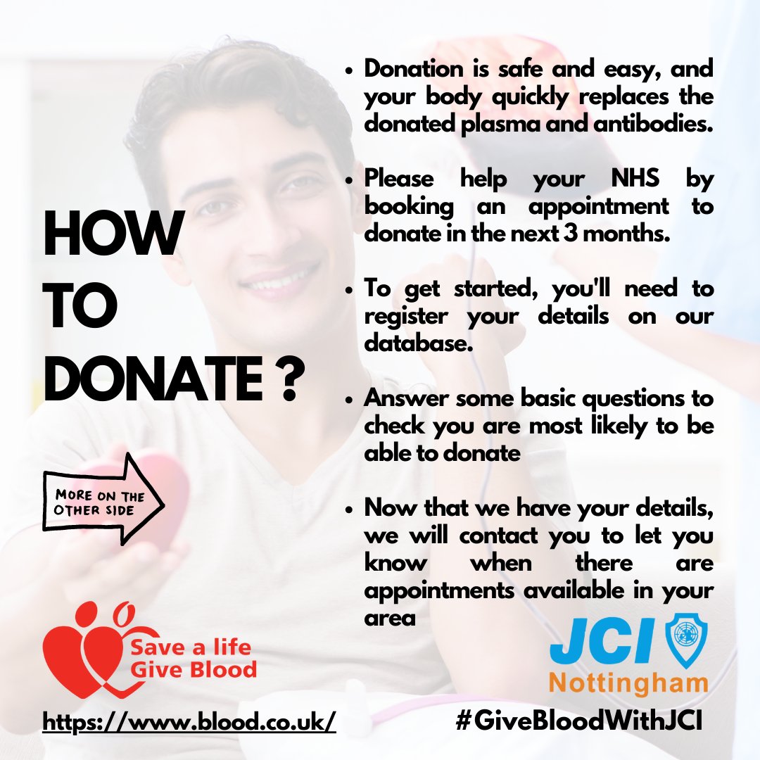 JCINottingham's tweet photo. Why Donate? 
Donations have dropped. Be a Hero #GiveBloodWithJCI

How To Donate?
Step 1: Register at https://t.co/uOw7OBpCNa. 
Step 2: Answer questions to see if you are able to donate 
Step3: NHS will contact you to let you know when there are appointments available https://t.co/qeLQdFsl8F