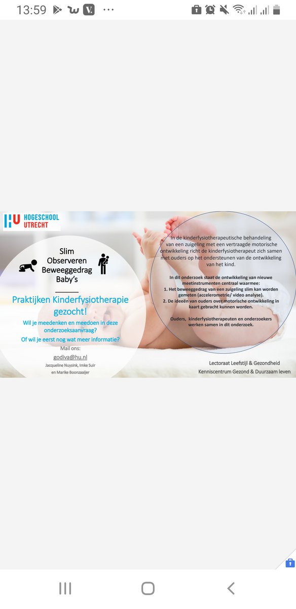 Oproep: #kinderfysiotherapie praktijken gezocht voor deeelname aan onderzoek #GODIVA Doe je mee? Mail naar godiva@hu.nl <a href="/JacqNuysink/">Jacqueline Nuysink</a> @marikeboonzaaier <a href="/VanSuir/">Imke van Maren-Suir</a> #beweeggedragbabys