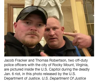 ARRESTED: Two Virginia police officers from the Rocky Mount Police Department. Jacob Fracker and Thomas Robertson were charged with violent entry and disorderly conduct. They are on paid? leave. 1/2  https://www.usatoday.com/story/news/investigations/2021/01/13/two-virginia-police-officers-arrested-storming-capitol-riot/4155103001/