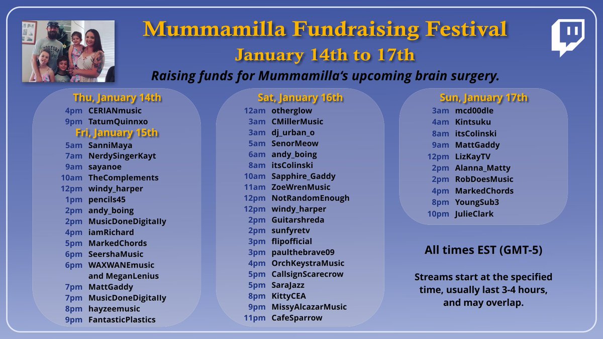 The <a href="/MUMMAMILLA/">Mummamilla</a> FUNDRAISING FESTIVAL is starting today! (except for <a href="/AndyTheFrenchy/">Andy St-Louis</a> who decided to do a jump start yesterday)

Here is the final schedule with all 42 participants (except for Andy) and 160+ hours of entertainment.

Let's smash this donation goal, friends!