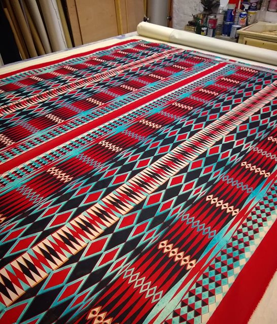 CressidaBell's tweet photo. More scarves and shawls hot out of the steamer. This design was originally created for Joanna Lumley and is called 'Harlequin'. It comes in both silk and wool.
#harlequin #joannalumley #redwhiteblue #handprinted #geometric #woolscarves #silkgeorgette https://t.co/fVaYXYxduP