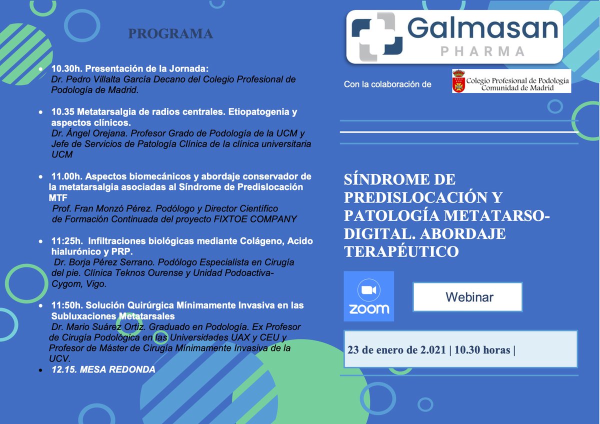 [EN] 📢On January 23 at 10:30 in the morning the Professional College of Podiatry of Madrid and @GalmasanP have organized a free online training with great professionals 🎓🤓

Link👉 bit.ly/2KkjTTO

#FixtoeAcademy #FixtoeCompany #Letsgettheworldbackonitsfeet