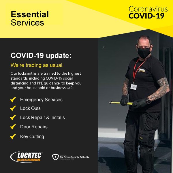 🦠 COVID-19 Update: We're trading as usual

Locktec #Locksmiths are able to assist you with:

✅ Emergency Services
✅ Lock Outs
✅ Lock Repair &amp; Installs
✅ Door Repairs
✅ Key Cutting
✅ Maintenance
✅ Boarding up

☎️ Call 086 730 7788
🔒 Visit locktec.ie