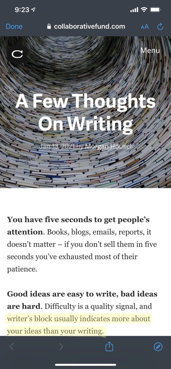Things to remember when writing:∙ More substance, fewer words∙ Good writing comes from good reading∙ Use stories, not lectures∙ Delete without mercy∙ Good ideas are easy to write, bad ideas are hard(h/t  @morganhousel)