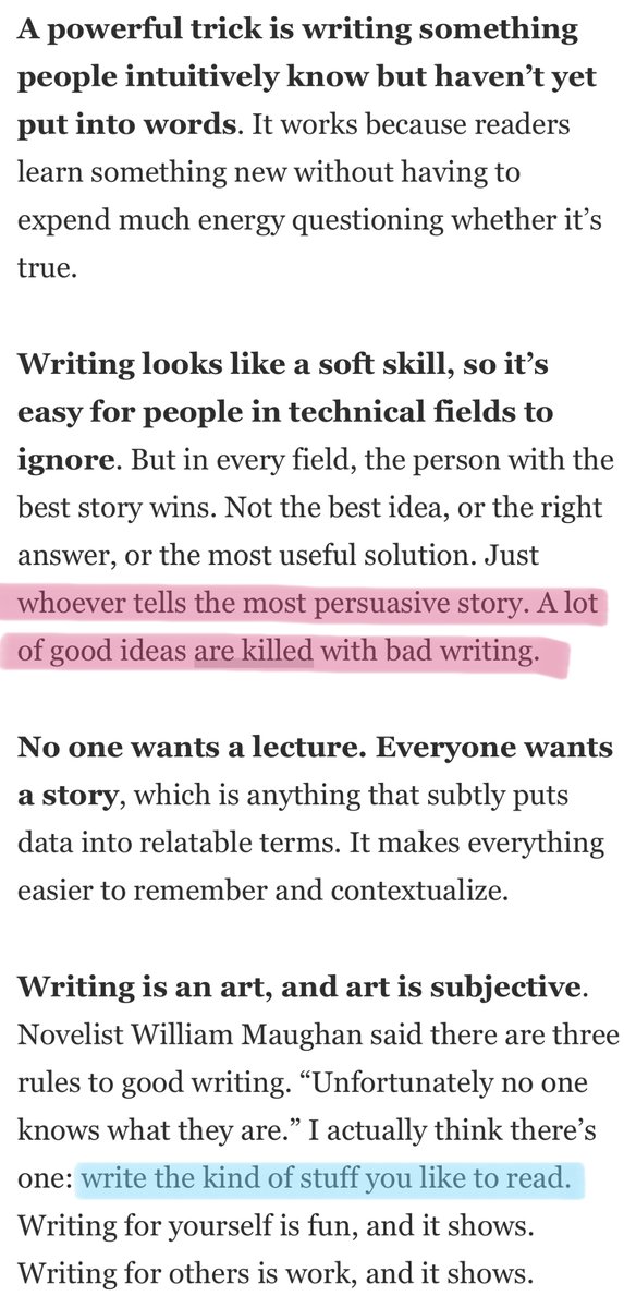 Things to remember when writing:∙ More substance, fewer words∙ Good writing comes from good reading∙ Use stories, not lectures∙ Delete without mercy∙ Good ideas are easy to write, bad ideas are hard(h/t  @morganhousel)