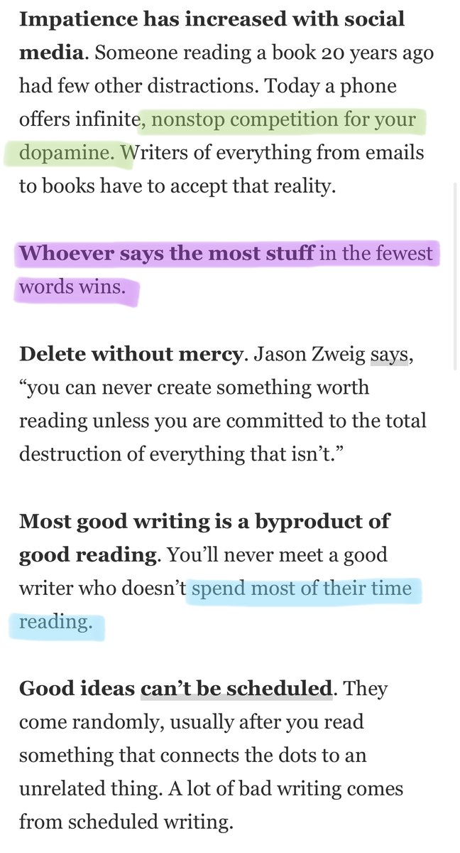 Things to remember when writing:∙ More substance, fewer words∙ Good writing comes from good reading∙ Use stories, not lectures∙ Delete without mercy∙ Good ideas are easy to write, bad ideas are hard(h/t  @morganhousel)