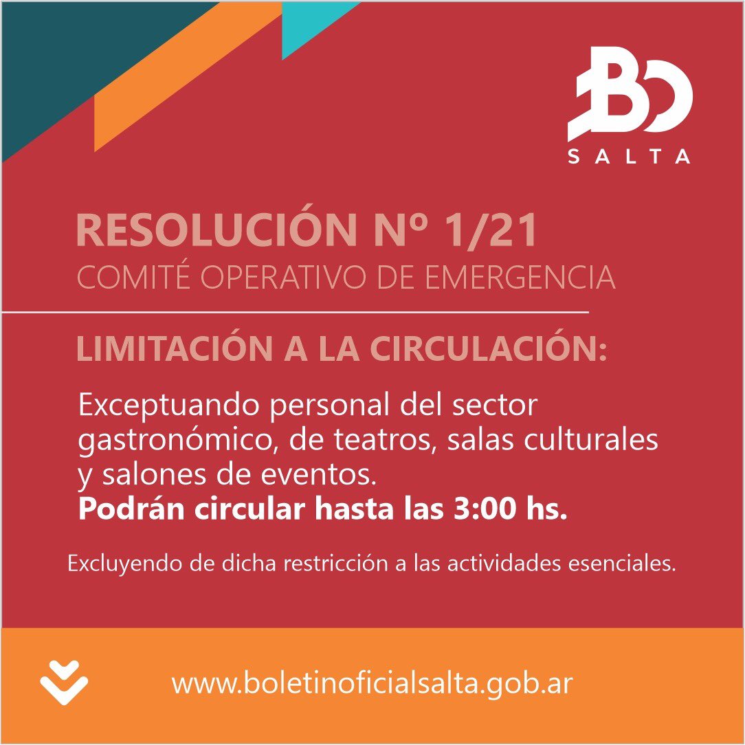 boletinsalta's tweet photo. 🔴 RESOLUCIÓN COE Nº 1/21 🔴

LÍMITES A LA CIRCULACIÓN 🚫🚶‍♂️: No se podrá circular desde las 2:00 hasta las 6:00 hs. en todo el territorio de la Provincia. 

@GustavoSaenzOK https://t.co/yzzvF0ryvl