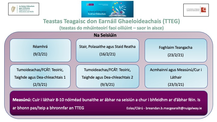 An Teastas Teagaisc don Earnáil Ghaeloideachais (TTEG). Cúrsa a thugann tuiscint do mhúinteoirí faoi oiliúint ar chomhthéacs agus dea-chleachtais iomaire an Ghaeloideachais. Sonraí sa phictiúr.