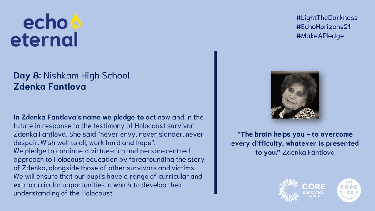 #Day8 sees Zdenka Fantlova's testimony shared by @nishkam_school who pledge to share across their school curriculum.

Learn about their journey at 2:00pm today here: horizonsfestival.uk/day-8-zdenka-f…

#MakeAPledge #EchoHorizons21 #LightTheDarkness