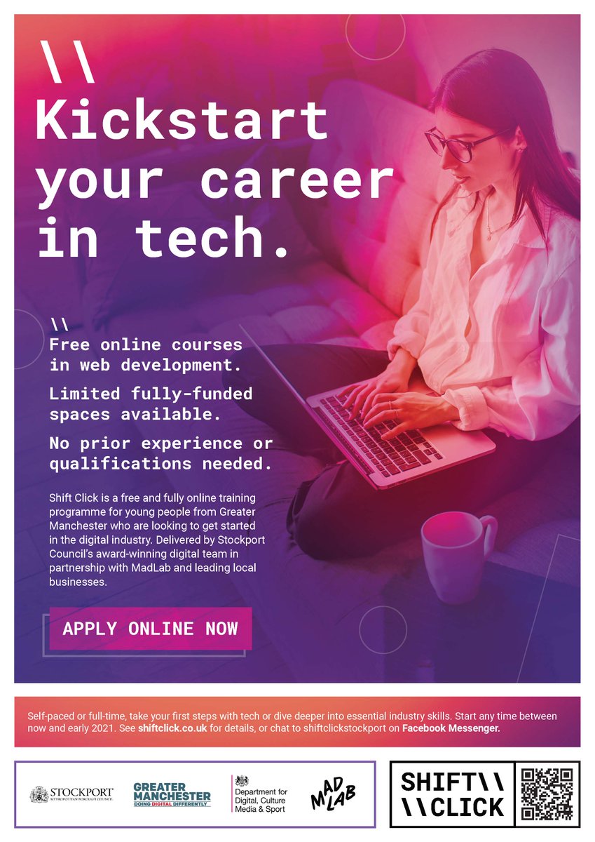 gmyn's tweet photo. ๐ปAged 18-30? Want a career in tech?
Delivered by @SMBC_Digital & @madlabuk - #ShiftClick is a free programme providing an introduction to the digital industry to people in #GreaterManchester
Visit the Shift Click website for more info & to sign up โก๏ธhttps://t.co/dDuEXjDfNA https://t.co/hpvCepKxiV