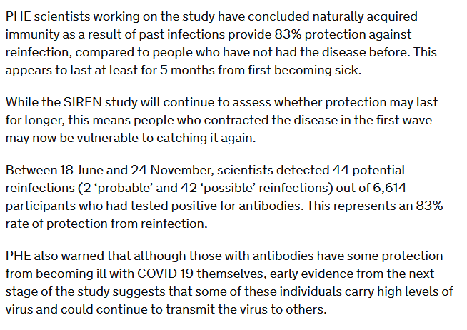 Addendum 1: A new study from PHE found 83% protection against reinfection in those with SARS-COV-2 antibodies and around ~30% of reinfections were symptomatic with potential for onward transmission from reinfected individuals.  https://www.gov.uk/government/news/past-covid-19-infection-provides-some-immunity-but-people-may-still-carry-and-transmit-virus