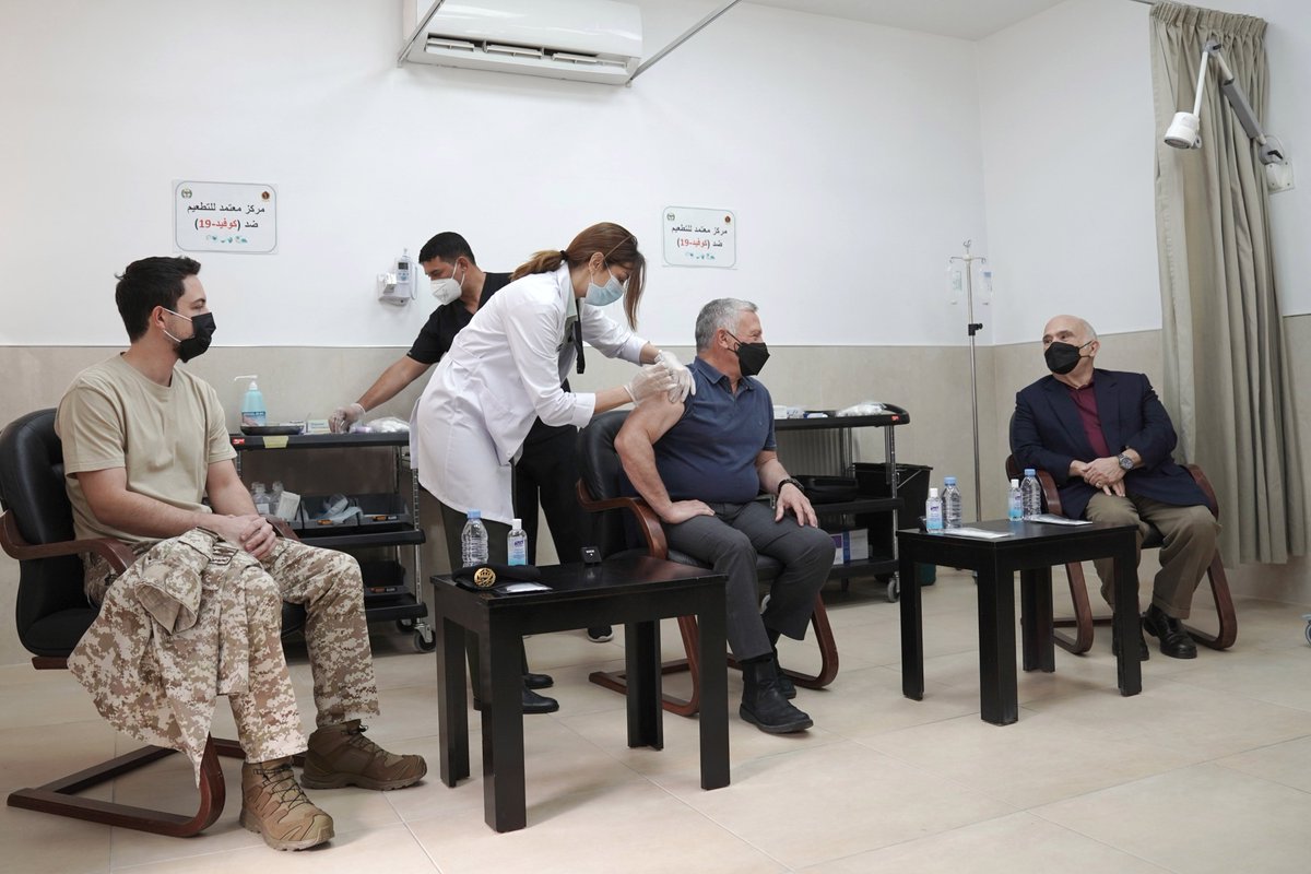 RHCJO's tweet photo. His Majesty King Abdullah II, and Their Royal Highnesses Prince El Hassan bin Talal and Crown Prince Al Hussein receive the COVID-19 vaccine at the Royal Medical Services Clinic at the Royal Hashemite Court #Jordan https://t.co/AwiSPVA9qf