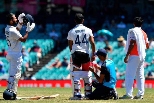 Vihari came out to bat no.6. And after few overs he pulled his hamstring and was on his haunches on the SCG wicket. And now the question arises, Does he continue batting here,if he does so then he could be in more pain and miss the next Test Or he would walk back, and come later