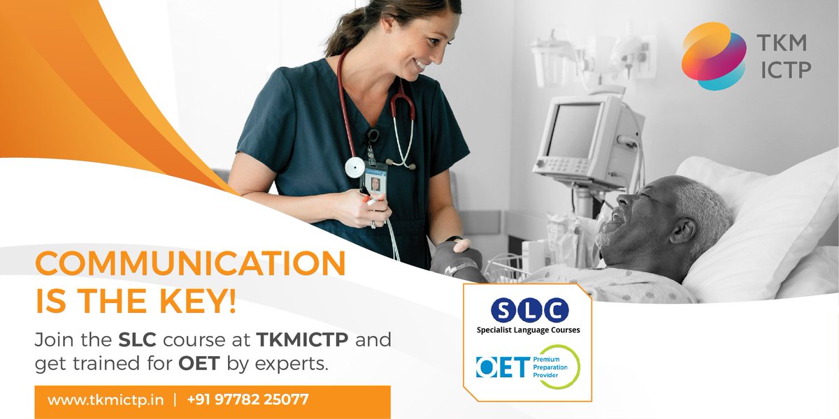 tkmictp's tweet photo. Join the SLC course at TKMICTP and get high quality training for Occupational English Test – OET designed for health care and medical professionals, by experts.

#workabroad #oet #slc #nurses #doctors #uk #tkm #tkmictp #learning #communication #language #professional #career https://t.co/sQJTxaXH57
