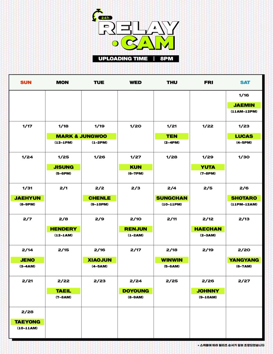 ⏱NCT 24hr RELAY CAM Uploading Schedule NCT Official Youtube youtube.com/nctsmtown #NCT_24hr_RELAYCAM #RELAYCAM #24hr_RELAYCAM #NCT #NCT127 #NCTDREAM #WayV