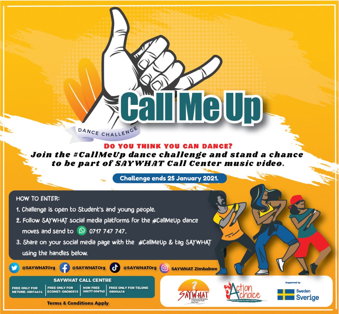 SAYWHATOrg's tweet image. Are you a student and a young person who can dance? SAYWHAT has something amazing that should be of interest to you. Check the poster below for more details. Lets dance and make a change.
#CallMeUp dance challenge
#YouthonSRH
@SwedeninZW    @UNFPA_Zimbabwe @iamjohncole