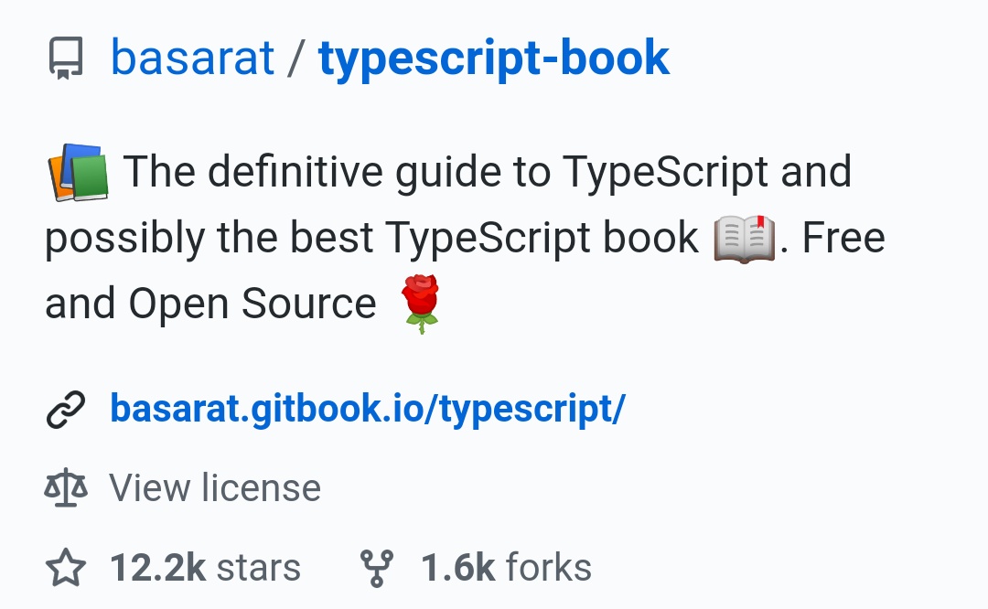 ravinwashere's tweet image. I discovered a fantastic GitHub repository called: typescript-book
A Step by Step Guide to learn TypeScript.
Link- github.com/basarat/typesc…