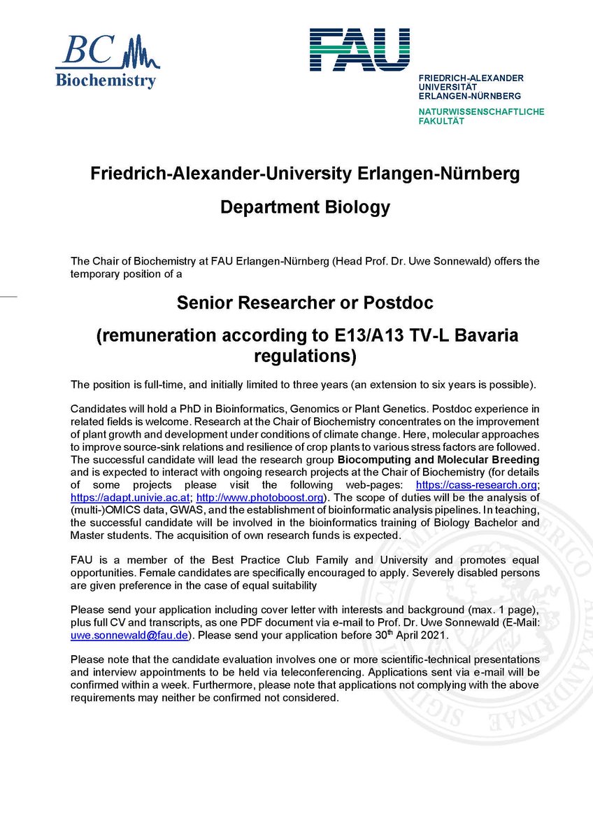 We are looking for a senior researcher to lead our ‚#plantgenomics and #molecularbreeding activities. If interested, read the attached job offer and submit your documents.