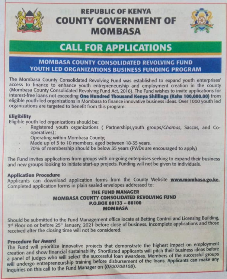 🏃🏃Oya Vijana! Go on ahead and grab this opportunity! <a href="/MombasaCountyKe/">Mombasa County</a> consolidated revolving fund.
#YouthLedOrgFunding  #CallForApplication #SeedFunding #IkoKaziKE