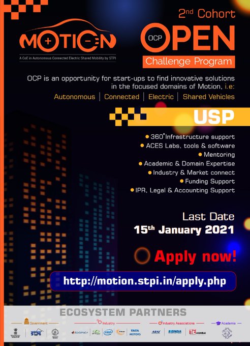 STPIPune's tweet image. Final call to participate in #OpenChallengeProgram of  
#STPIMOTION to become 2nd cohort of start-ups &amp;amp; transform your ideas into market-viable products!

Apply now on: motion.stpi.in/apply.php

 #STPICoEs #STPIINDIA #STPIAutomotiveCOE