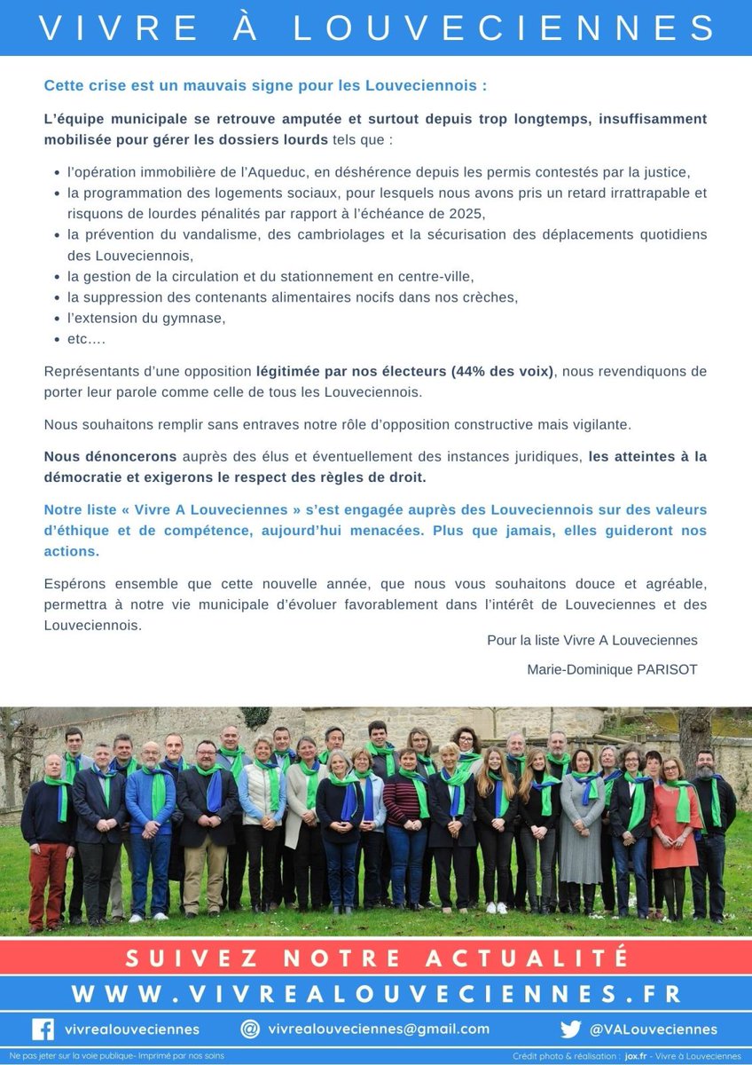 EXPLOSION DE L’EQUIPE MAJORITAIRE : LOUVECIENNES EST MENACéE

Retrouvez la lettre d’information N°3 de Vivre À #Louveciennes sur notre site internet : 

vivrealouveciennes.fr/lettre-d-infor…

Une distribution dans les boîtes aux lettres des louveciennois est également en cours.