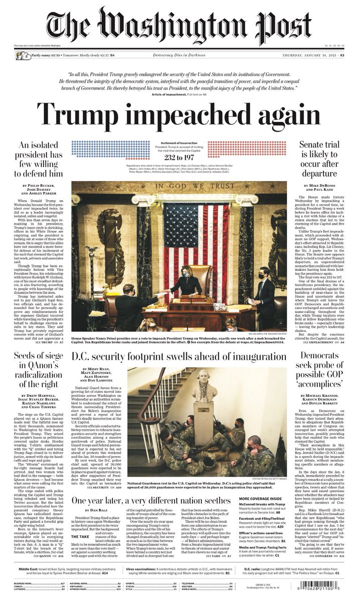 menghu_nankuru's tweet photo. #ImpeachTrumpNow #RemoveTrumpSaveAmerica
Trump impeached again.
※1/14/2021
#BidenHarris #Democrats
#ByeByeTrump
#America
#qanonterrorists
#TomorrowsPapersToday
#2021年のToday https://t.co/VXzr0Pz98N