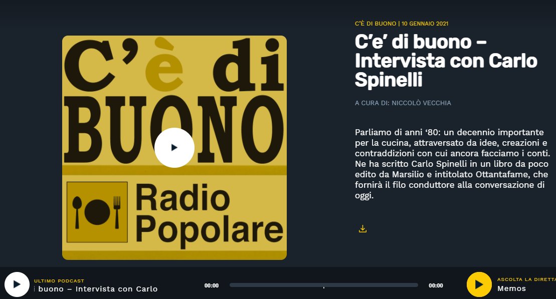 carlo_spinelli's tweet photo. Un'intervista seria e minuziosa sulla rivoluzione della cucina anni '80 all'interno del programma "C'รจ di buono" di Niccolรฒ Vecchia su Radio Popolare!! Grazie, davvero interessante ๐๐๐คฉ https://t.co/U8nNrktLOJ #ottantafame #libri #cucina https://t.co/jVYtbl2X6Q