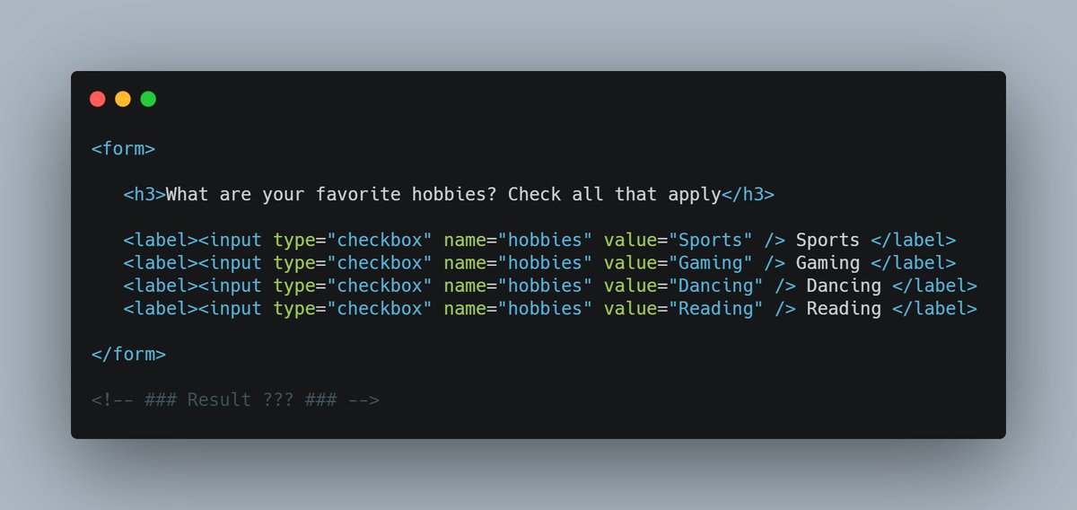 surjithctly's tweet image. HTML5 Quiz 💡
You make a checkbox group by using same "name" and what will be the result?
A) Comma Separated values
B) Each value will be separate
C) Only last checked item value
D) Will cause error and show nothing
#html5 #quiz #htmlquiz #webdevelopment @ravinwashere