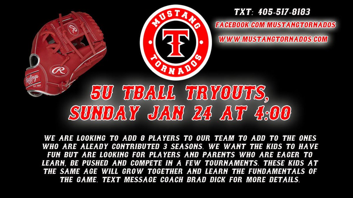 Mustang Tornados looking to add 8 players to 5U TBALL team. Please see flyer #mustangok #tuttleok #wildhorsepark #Yukon #yukonok