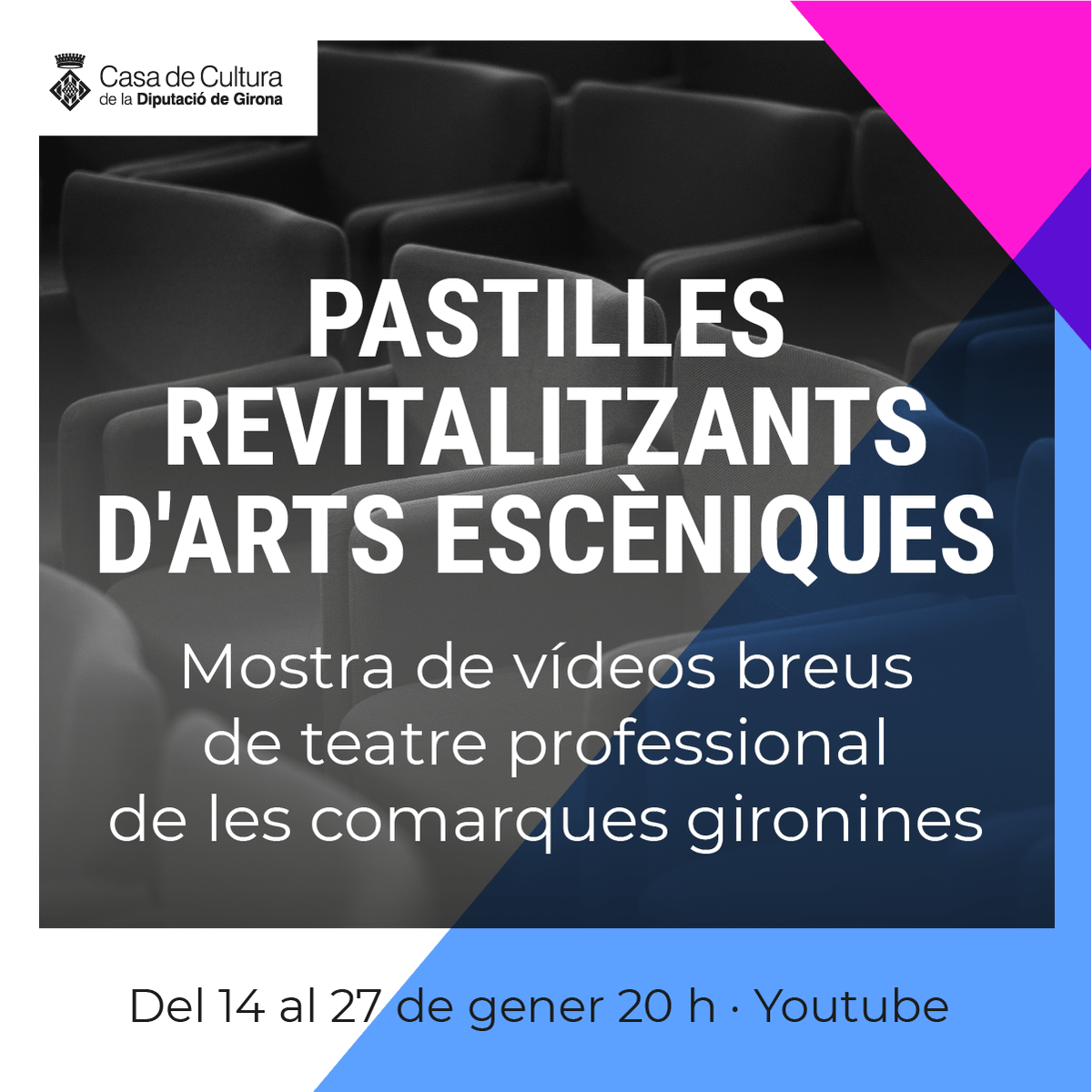 nuclear_la's tweet photo. Avui s'inaugura la mostra de vídeos breus de teatre professional de les CCGG "Pastilles revitalitzants d'arts escèniques" organitzada per la @casadeculturagi, amb la participació de 14 companyies locals.

La Nuclear ha coordinat i programat el cicle

https://t.co/1NtDmfHa3O https://t.co/8ptqFLneTY