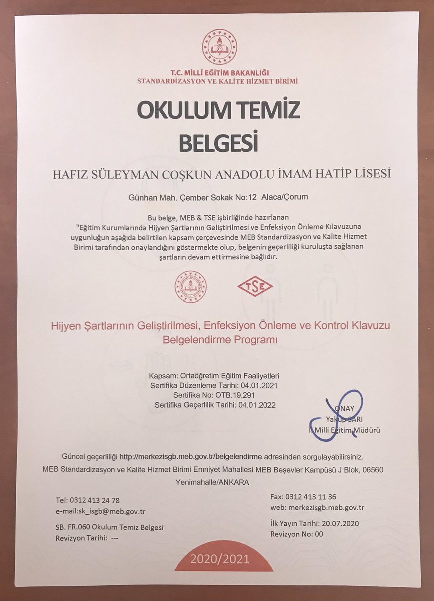 HafAihl's tweet photo. Gerekli prosedür ve saha çalışmaları tamamlanarak Okulum Temiz Belgesi alınd��. 📃 @AlacaMem @HafAihl @blntgndm https://t.co/412X6GJqEt