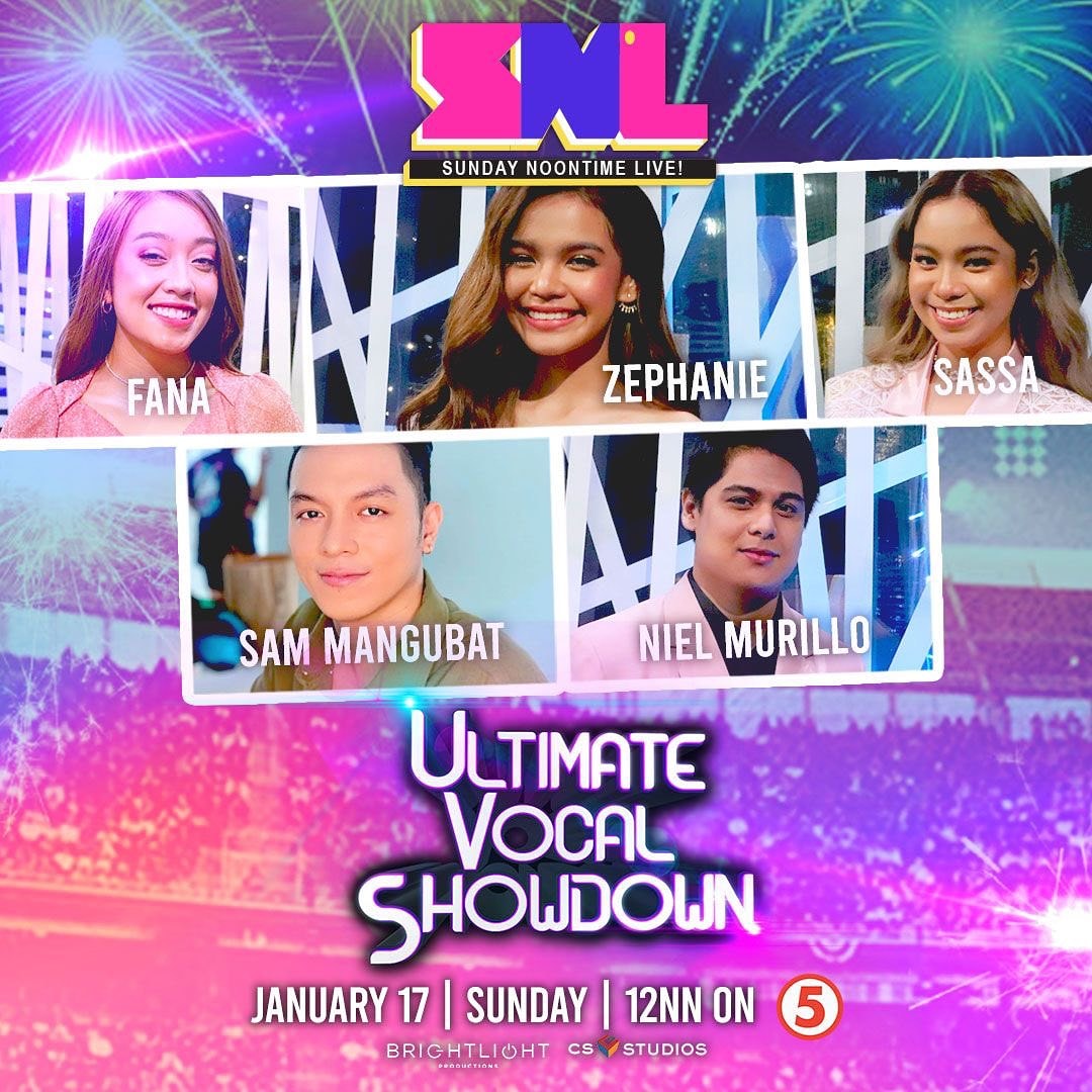 officialSNLive's tweet photo. Ultimate performances from our ultimate singers! Abangan ang Ultimate Vocal Showdown this Sunday sa SNL, 12PM sa TV5! #SNLsaTV5 #CS_Studios #BrightlightProductions #TV5 https://t.co/BZJBhEve6v