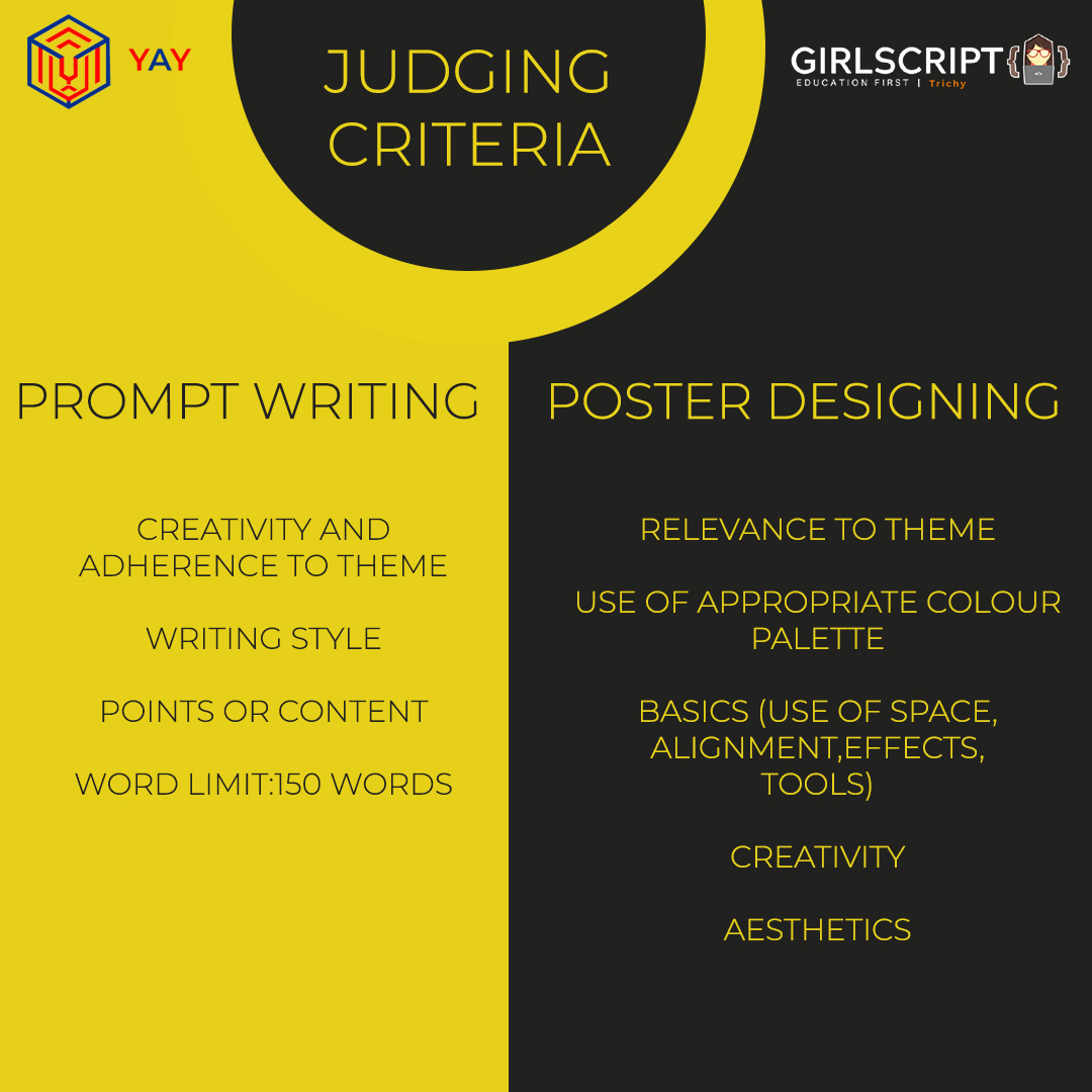 GirlscriptT's tweet image. Greetings from GirlScript Trichy!
We are happy to announce the judging criteria and prizes for the winners of prompt writing and poster designing contests. Interested participants must make note of these to submit their best entries.
#prompt #design @contests #gs
